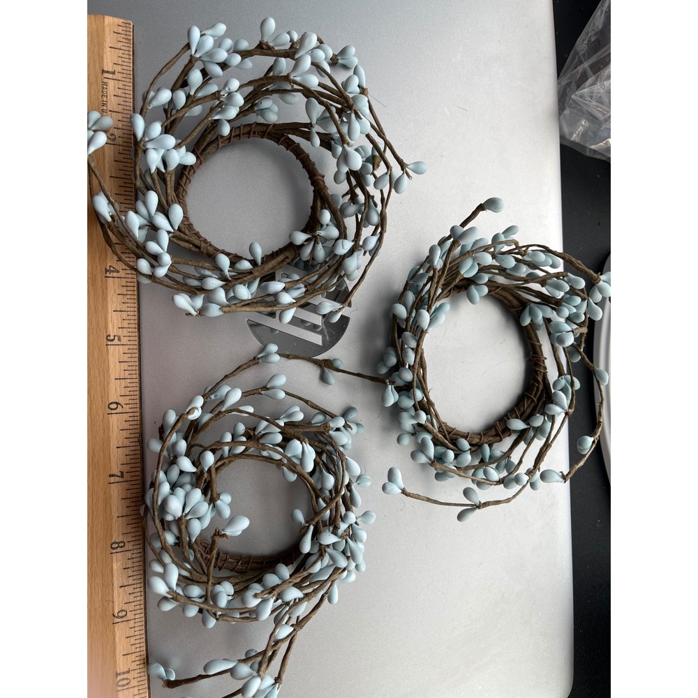 Set of 3 Light Blue Pip Berry Candle Rings Rustic Farmhouse Mini Wreaths 3.5in